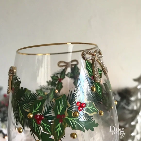 2 Gold Rimmed Holly Berry Ribbon Bow Christmas Stemless Wine Glass